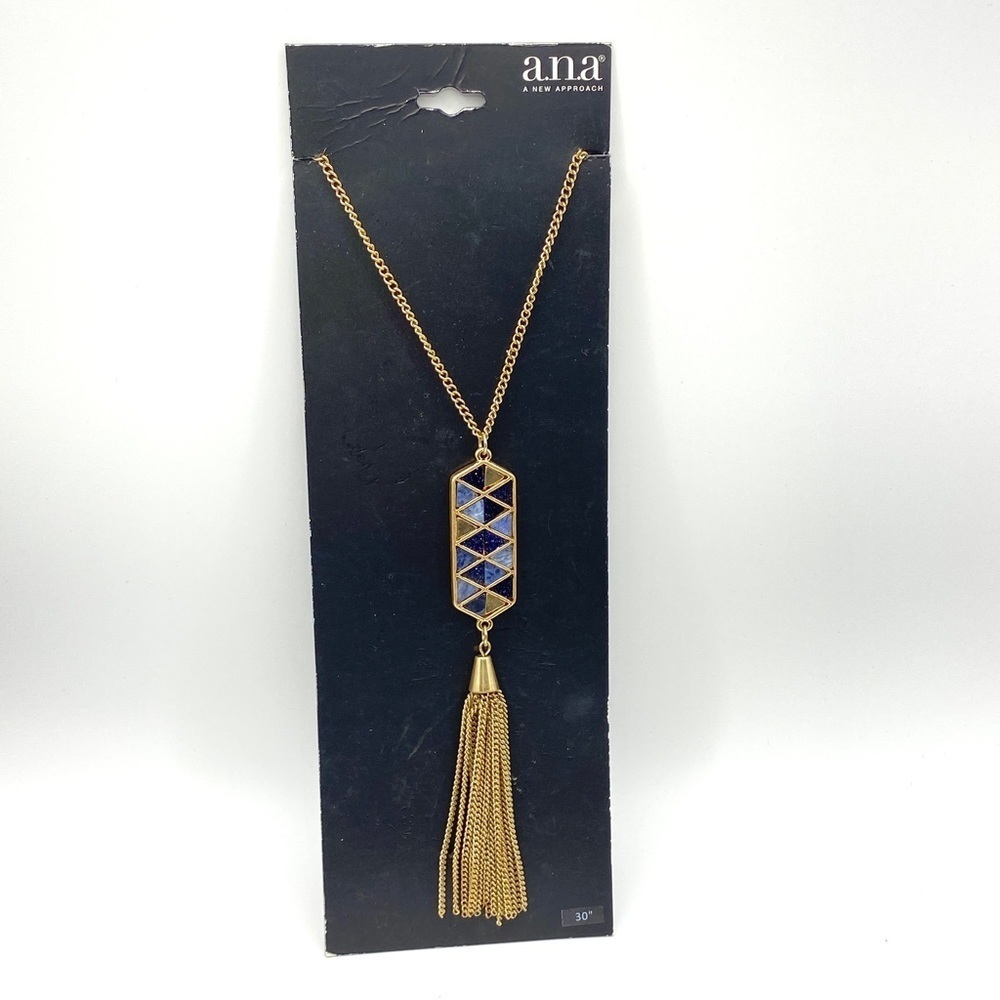 a.n.a Necklace Goldtone & Blue Inlay Long Chain Tassel